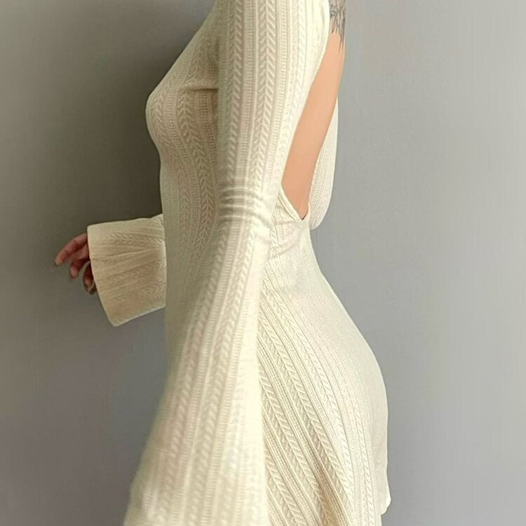 Solid High Quality Knitted Backless Dresses for Women Autumn Winter 2024 Elegant Long Sleeve Bodycon Mini Dress Casual