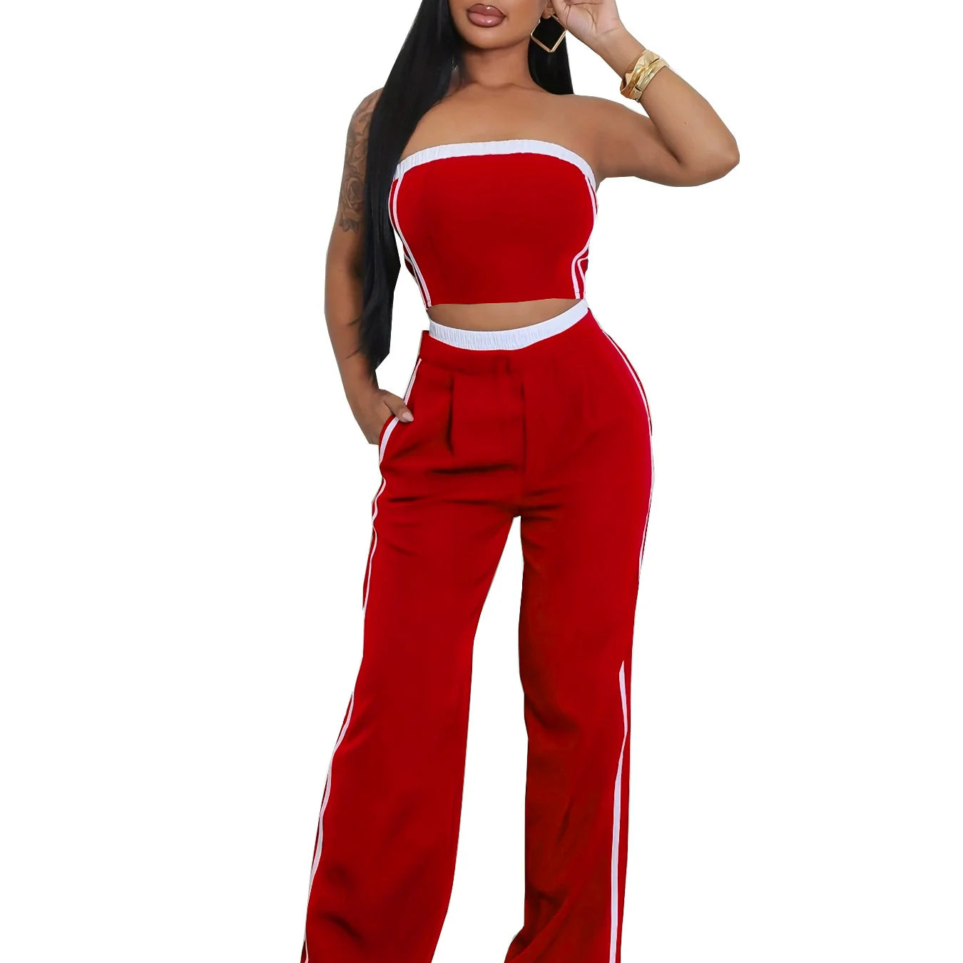 2025 Women's Set Sleeveless Ribbon Strapless Tops + Wide Leg Pants Fitness Streetwear Two 2 Piece Sets Outfits Tracksuit Red