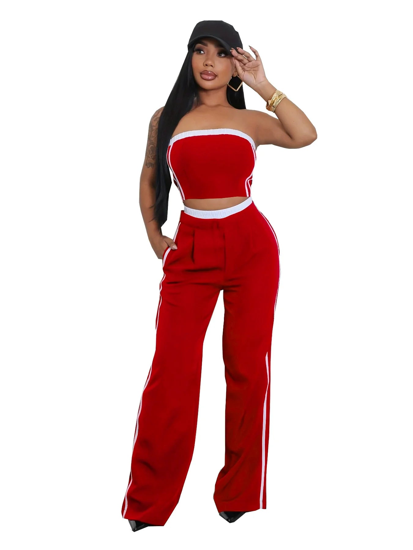 2025 Women's Set Sleeveless Ribbon Strapless Tops + Wide Leg Pants Fitness Streetwear Two 2 Piece Sets Outfits Tracksuit Red