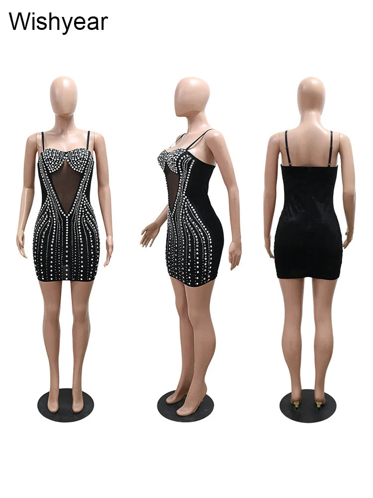 Luxury Diamonds Rhinestones Mesh Velvet See Though Strap Bodycon Dresses Women‘s Sexy Night Club Birthday Party Vestidos Female