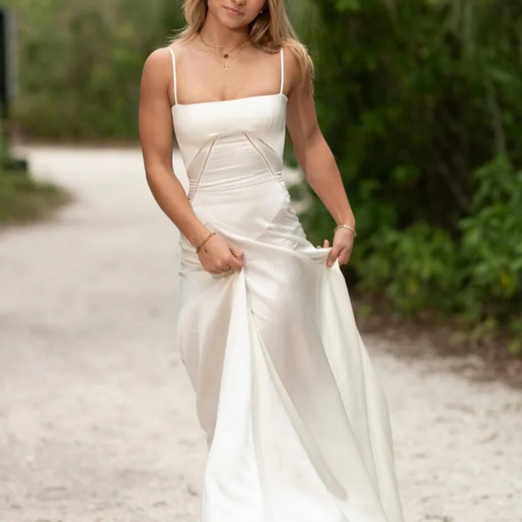 2025 Elegant White O Neck Pleated Hem Maxi Dress Women Fashion Open Back Solid A-line Dresses New Spring Summer Lady Party Robes Champagne