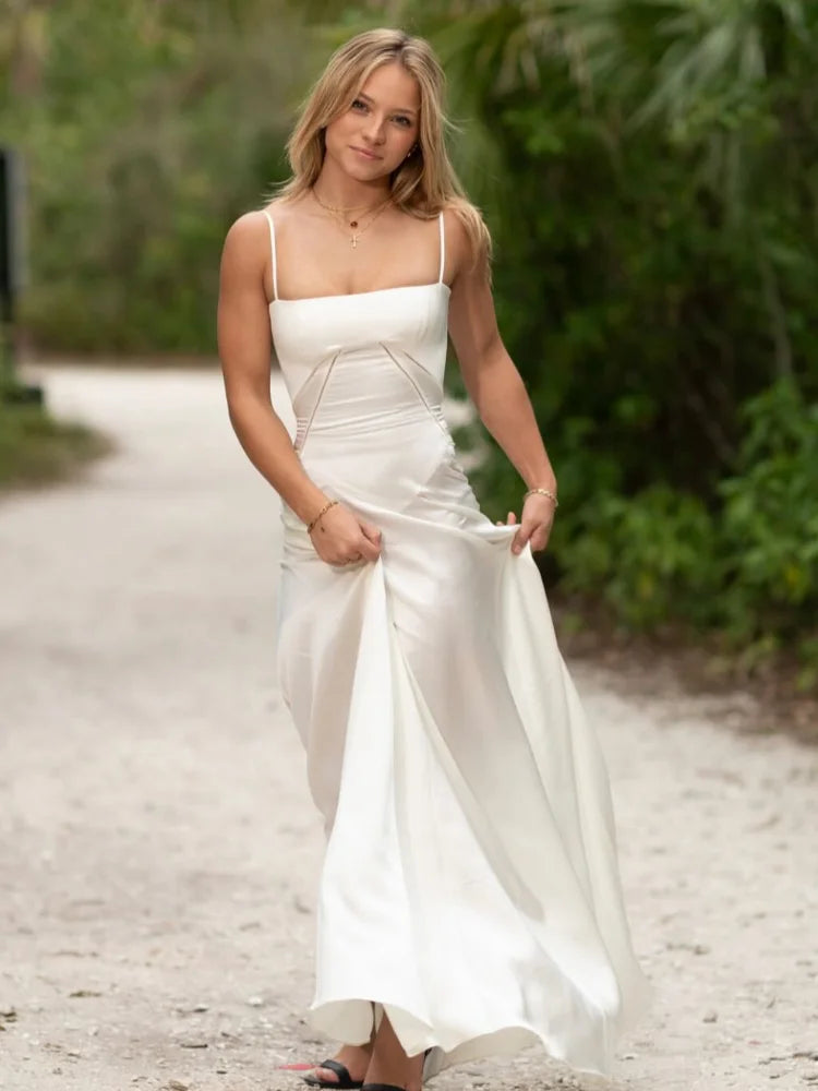 2025 Elegant White O Neck Pleated Hem Maxi Dress Women Fashion Open Back Solid A-line Dresses New Spring Summer Lady Party Robes Champagne