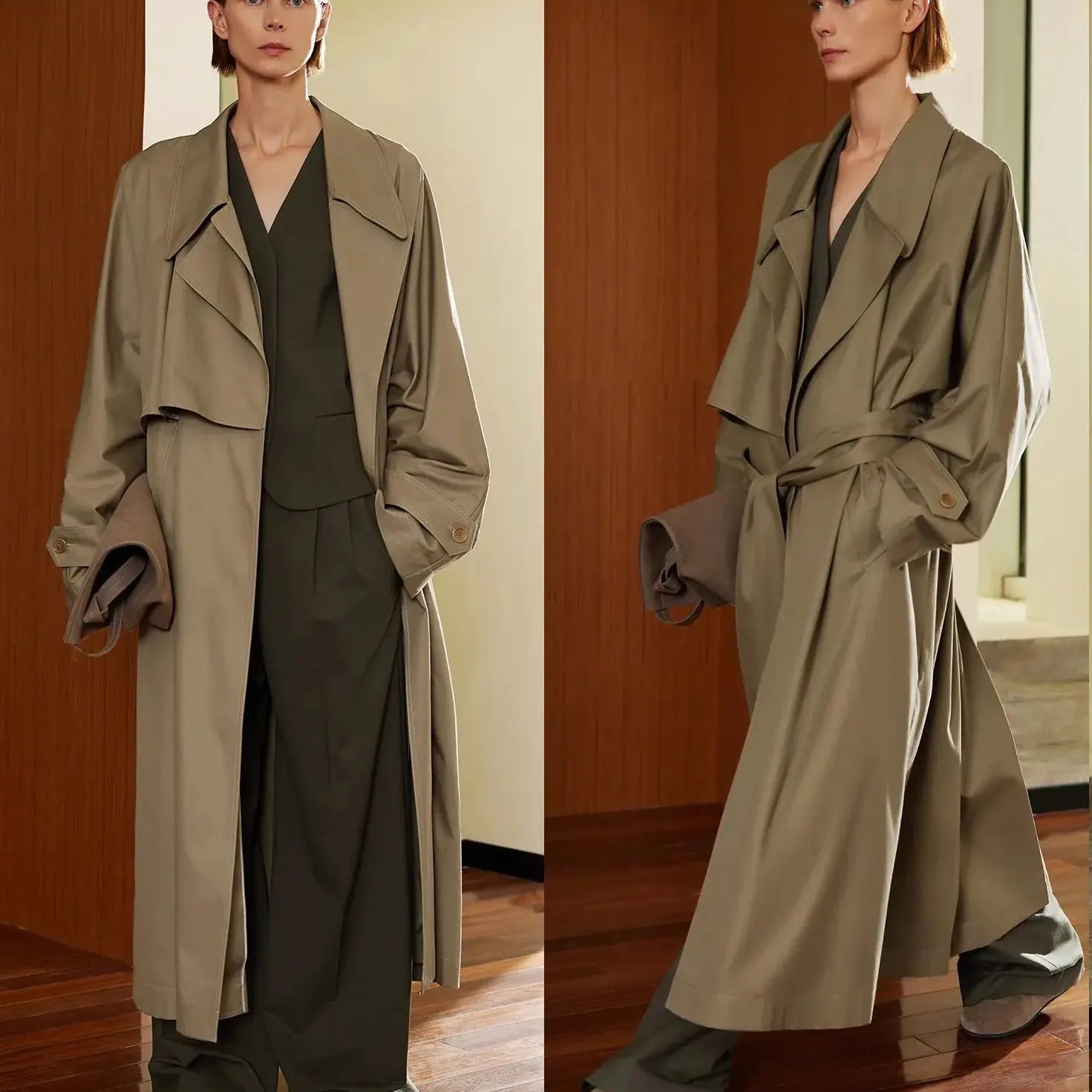 Lautaro Spring Autumn Oversized Khaki Flowy Long Trench Coat for Women Sashes Luxury Loose Casual Korean Fashion Overcoat 2025 Khaki