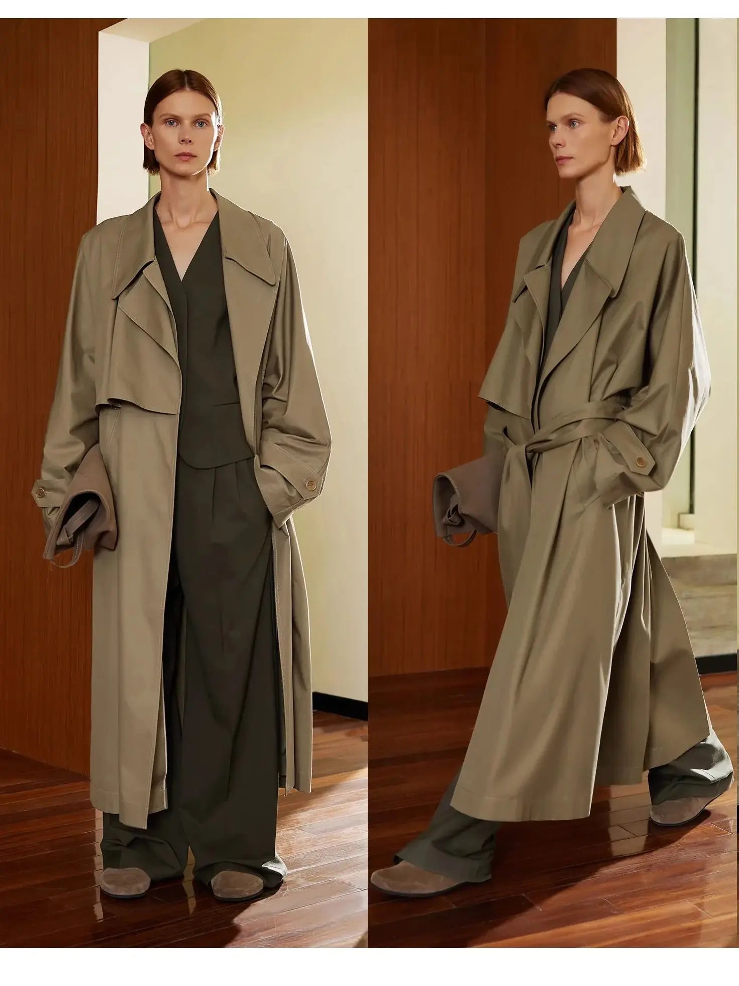 Lautaro Spring Autumn Oversized Khaki Flowy Long Trench Coat for Women Sashes Luxury Loose Casual Korean Fashion Overcoat 2025 Khaki