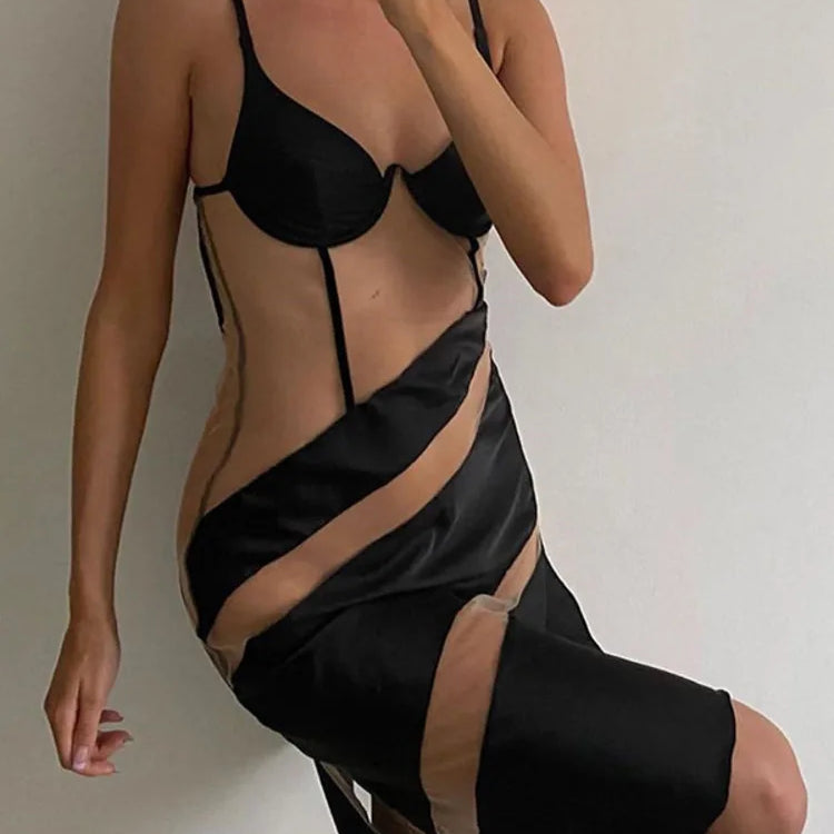 Patchwork See Through Sexy Mini Dress For Women Robe Spaghetti Strap Sleeveless Backless Bodycon Party Dress Vestido