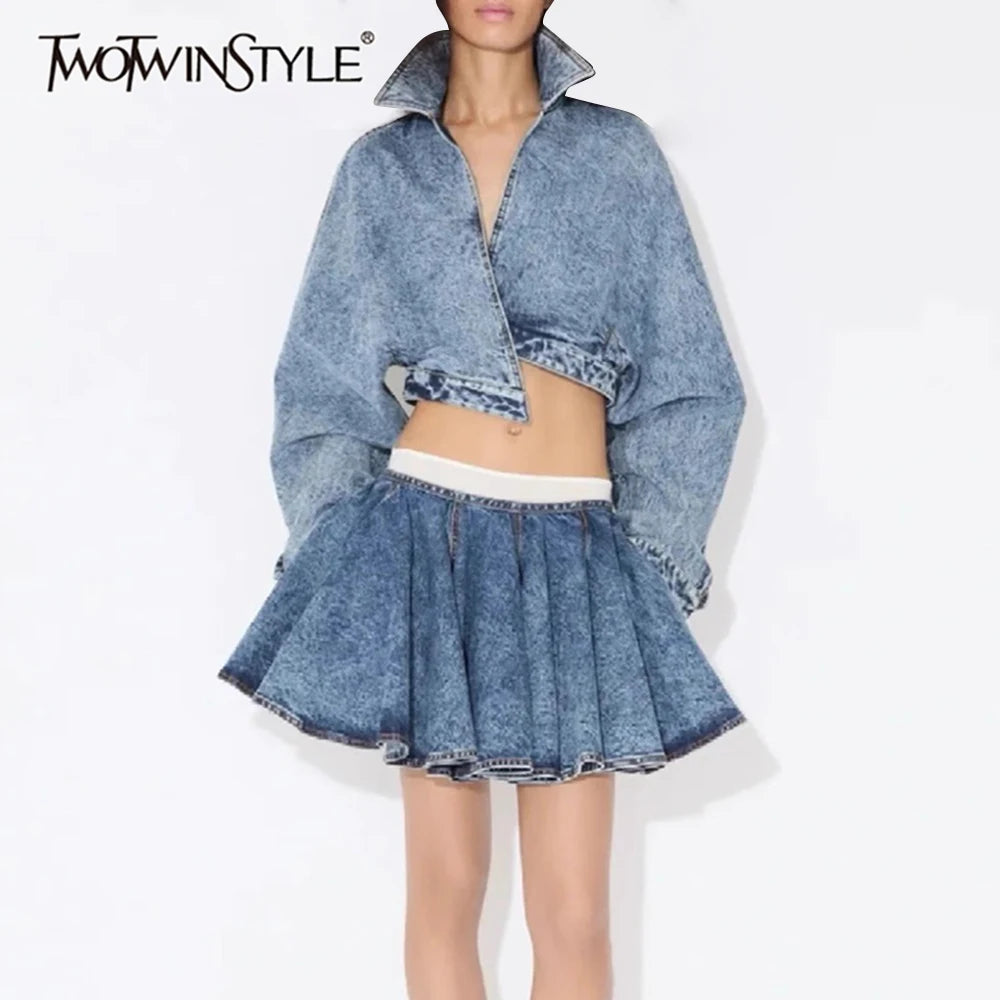 Cowboy Sslimming Two Piece Sets for Women Lapel Long Sleeves Top High Waist Spliced Folds Skirts Set Female Fashion