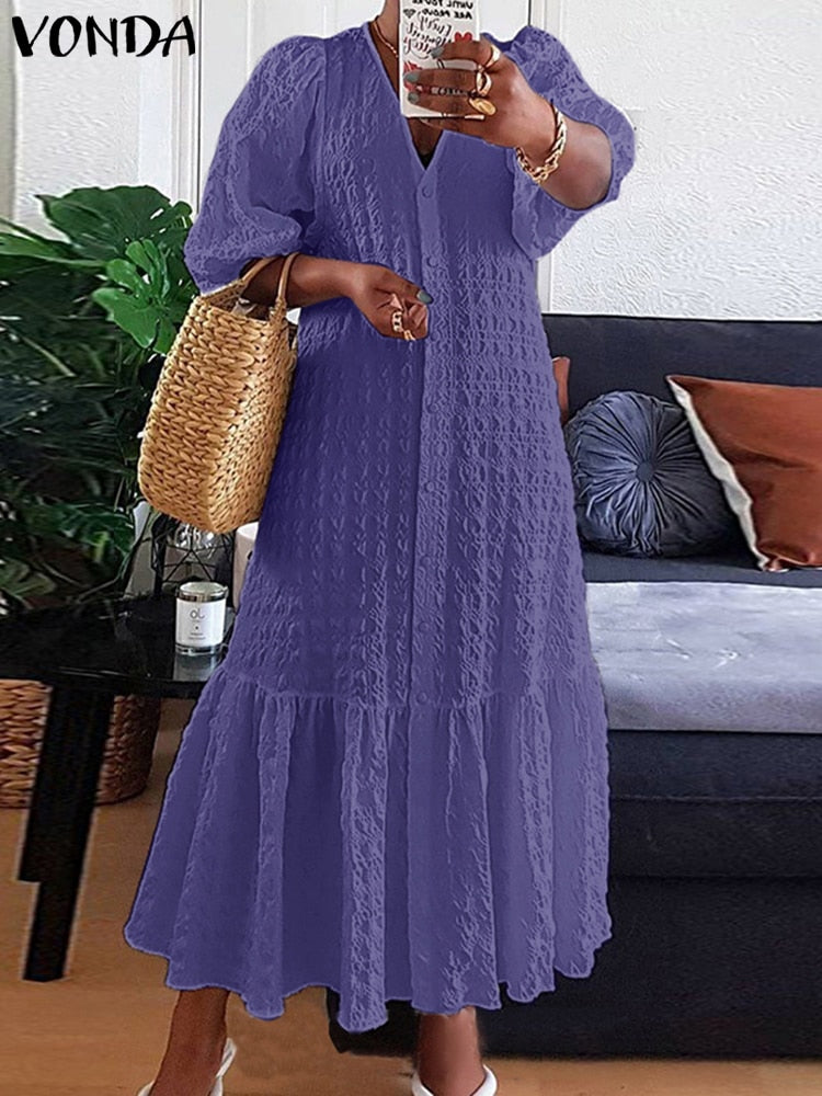 Plus Size 5XL VONDA Women Shirt Dress 2024 Summer Sexy V Neck Buttons Half Sleeve Long Maxi Vestidos Bohemian Elegant Party Robe Purple