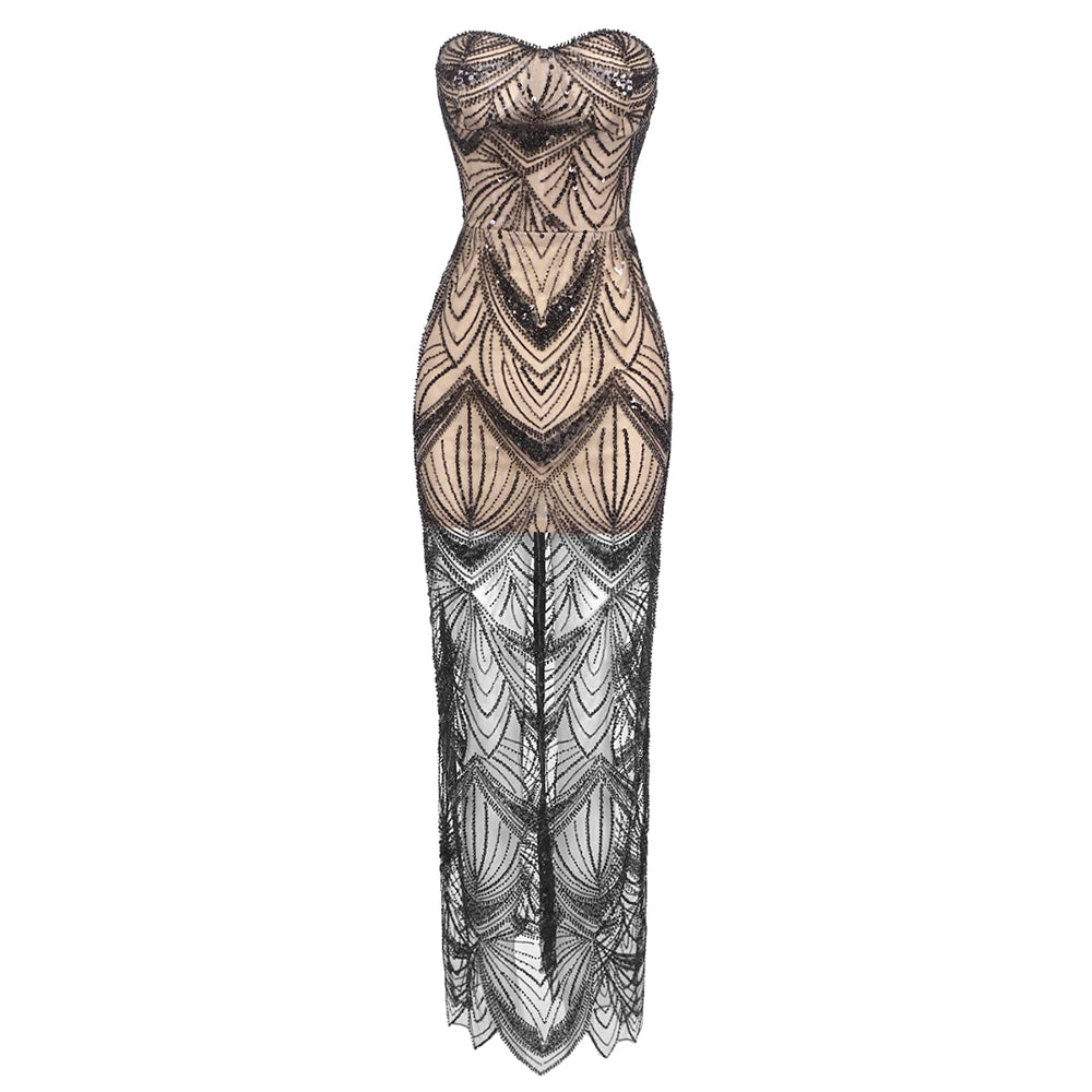 Luxury Sequins Beaded Party Dress Sexy Strapless Glitter Patchwork Mesh Sleeveless Evening Party Club Dress Vestido black