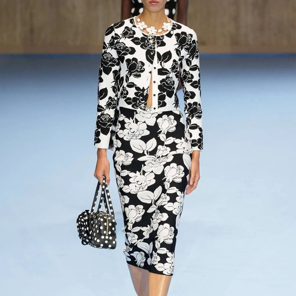 Hit Color Printing Two Piece Sets for Women Round Neck Long Sleeve Patchwork Button Top High Waist Skirt Set Female