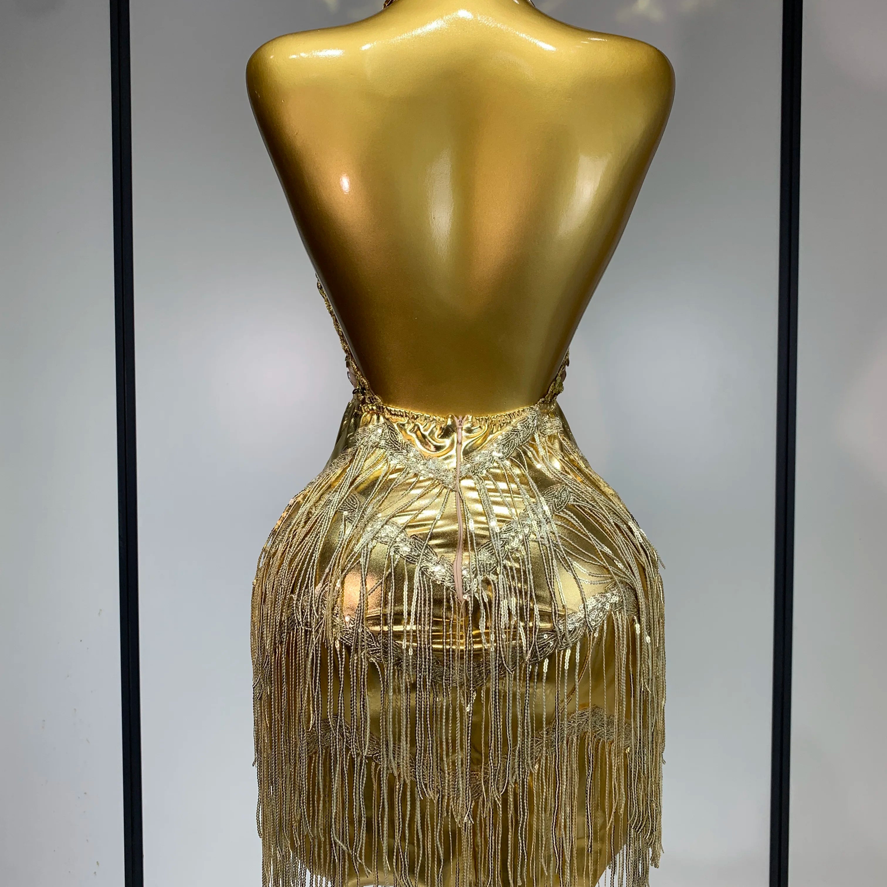 Women Birthday Party Rhinestones Tassels Transparent Short Dress Dance Show 2025 New Sexy Fashion Gold Sparkly Stage Costume