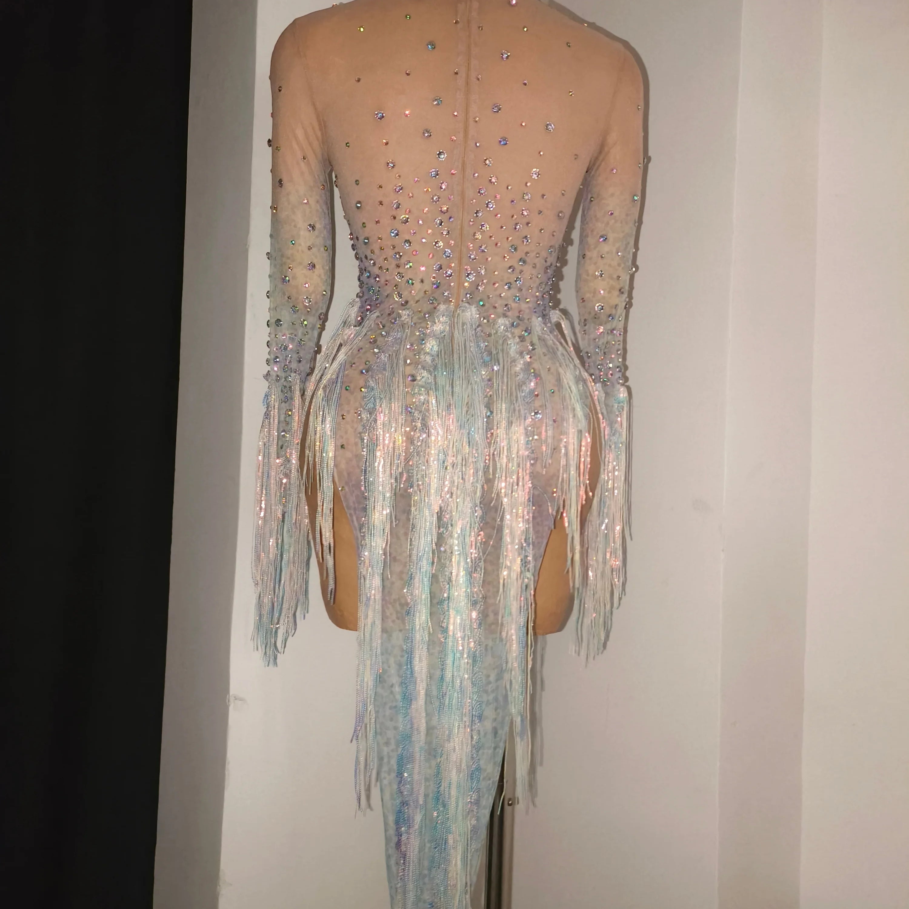 Luxurious Nude Long Sleeve Dress Women Sheer Mesh Iridescent Rhinestone Fringe Embellished Latin Dance Performance Costume
