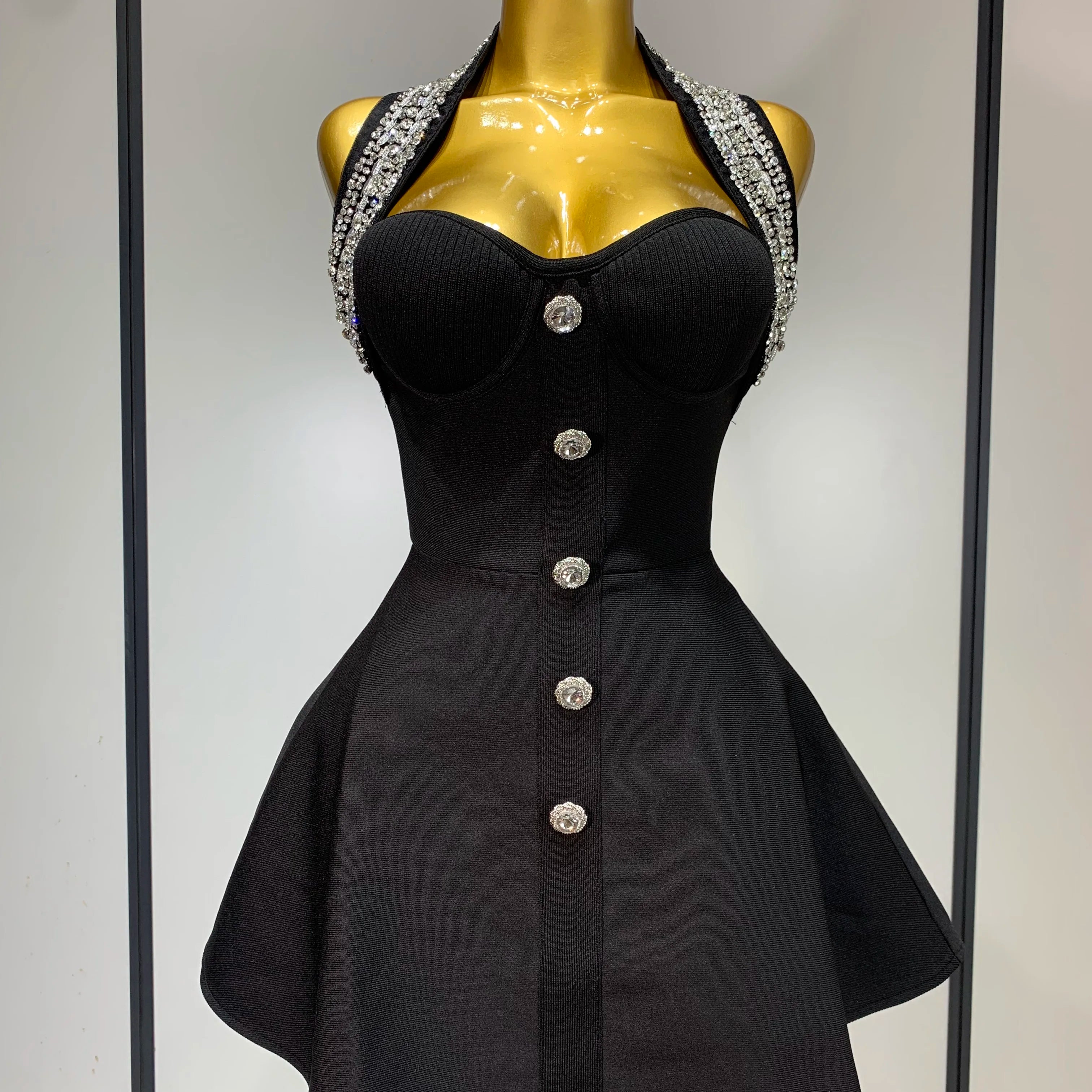 Women Luxury Birthday Dress Sexy Backless Beading A Line Bandage Dress 2025 Knitted Celebrity Elegant Evening Club Party Outfit black