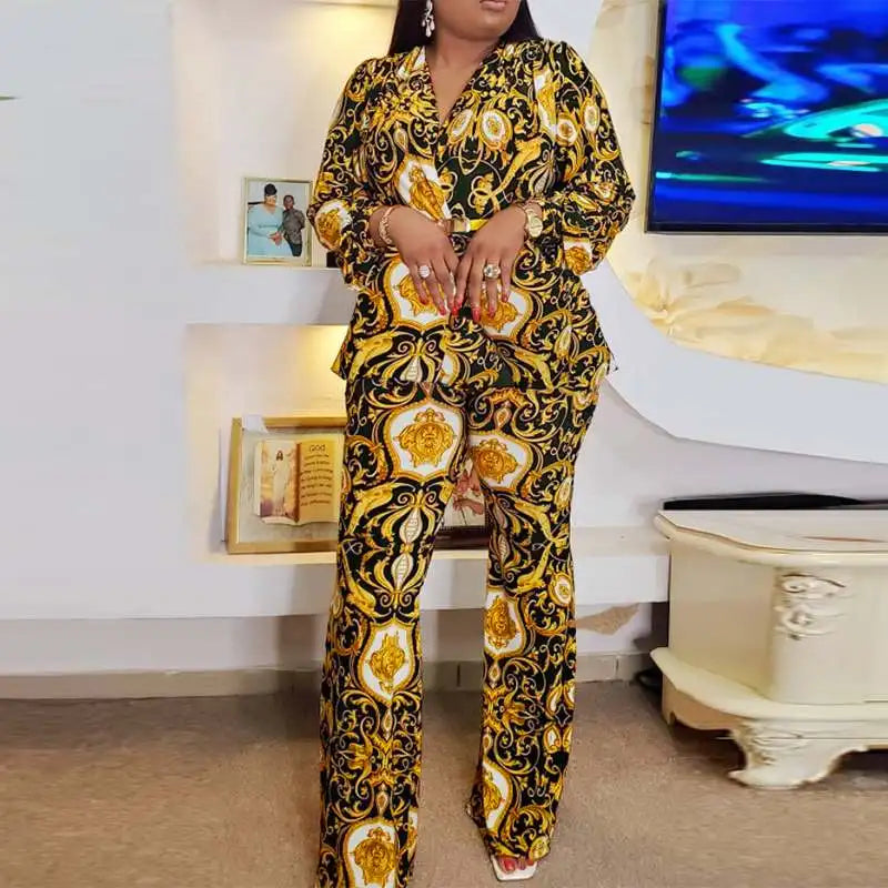 Plus Size 5XL VONDA Women Printed Pant Sets Summer Bohemian Suits Casual 2PCS Loose V-Neck Long Sleeve Tops and Trousers Sets Yellow