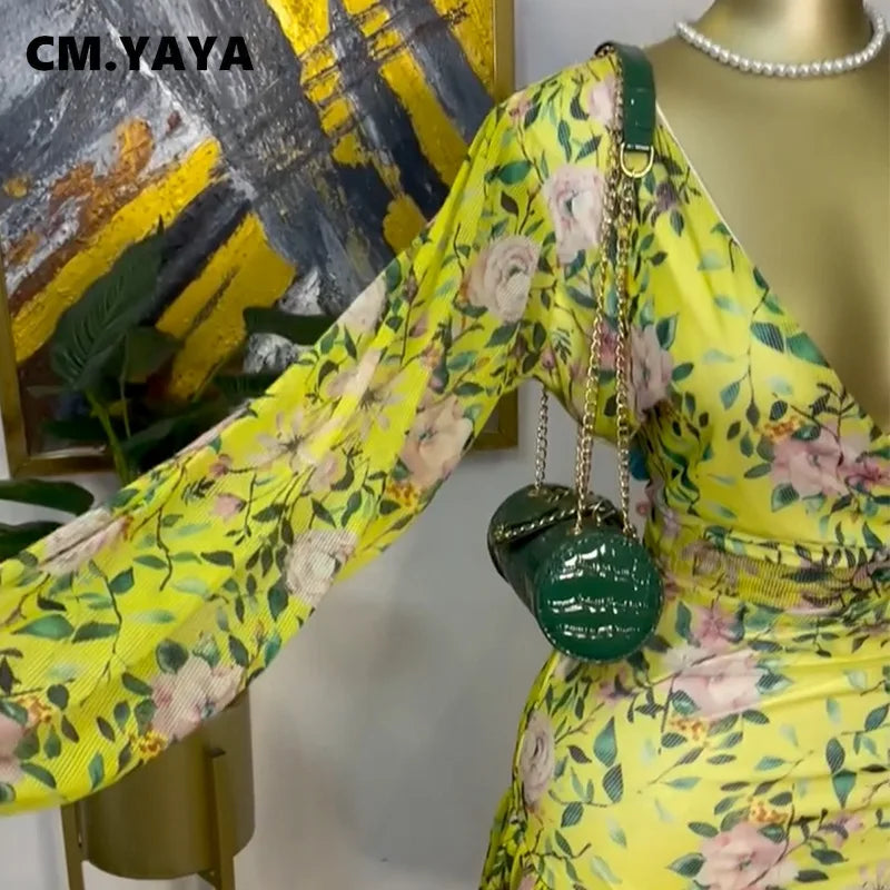 CM.YAYA Women Floral Printed Long Sleeve V-neck Ruffles Mini Dress 2025 Beach Evening Sexy Beach Party Birthday Street Dresses