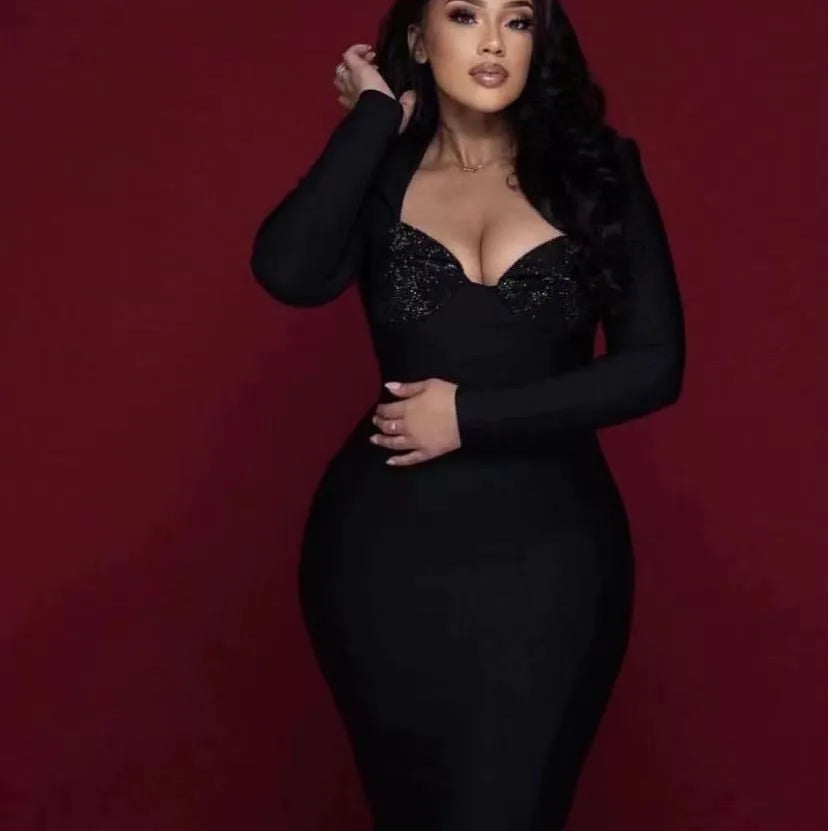 Black Red Color Women Long Sleeve Sexy Square Collar Rhinestones Bodycon Bandage Long Dress Nightclub Party Celebrate Dress