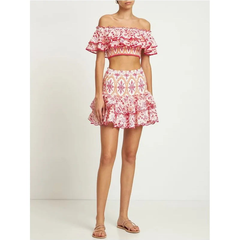 New embroidered hollowed lotus leaf elastic jacket + elastic lotus leaf cotton embroidered cake skirt 2-piece set of moisture Red