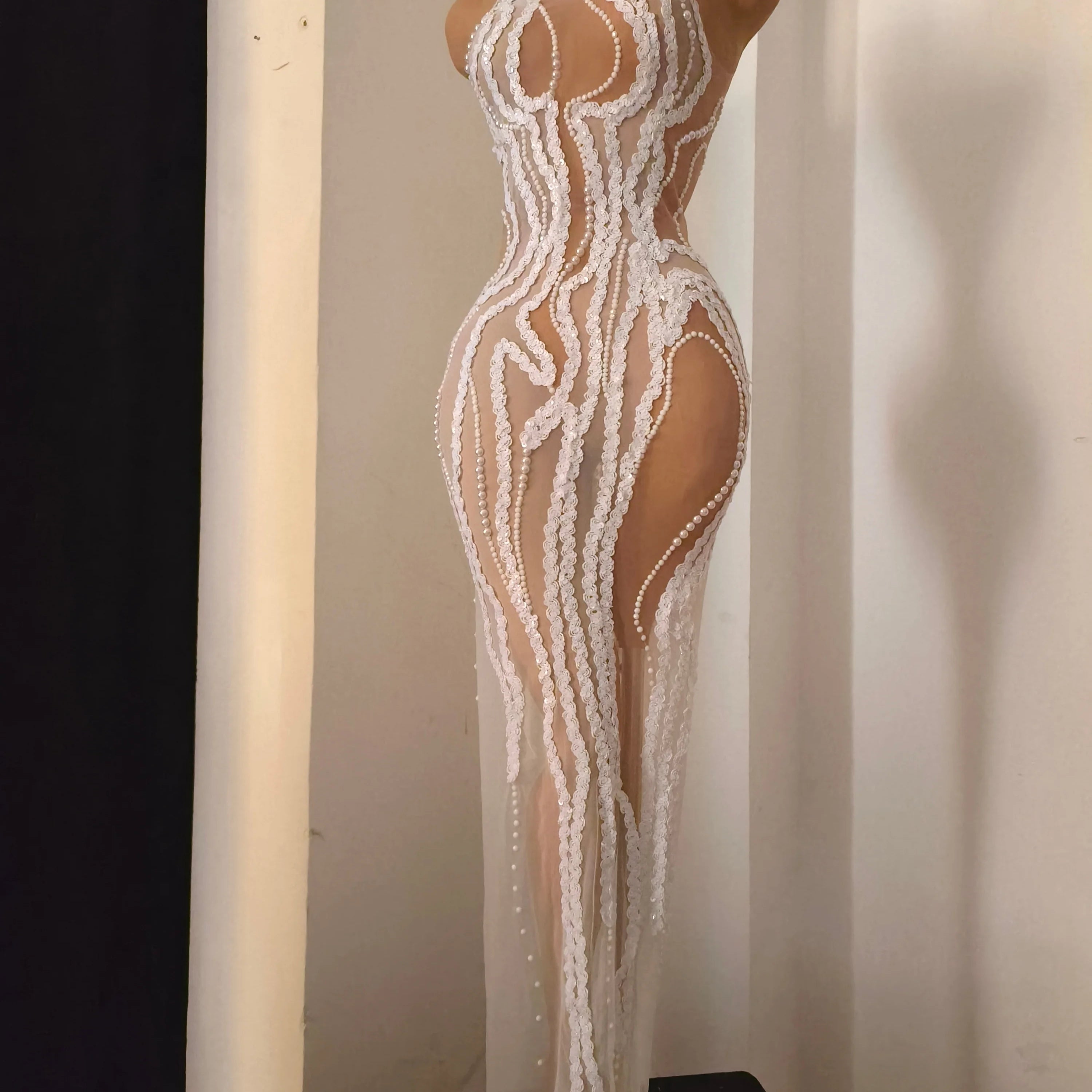 Refined White Sheer Mesh Maxi Dress Women Sexy High Neck Pearl Lace Bodycon Cocktail Nightclub Evening Gala Party Costume
