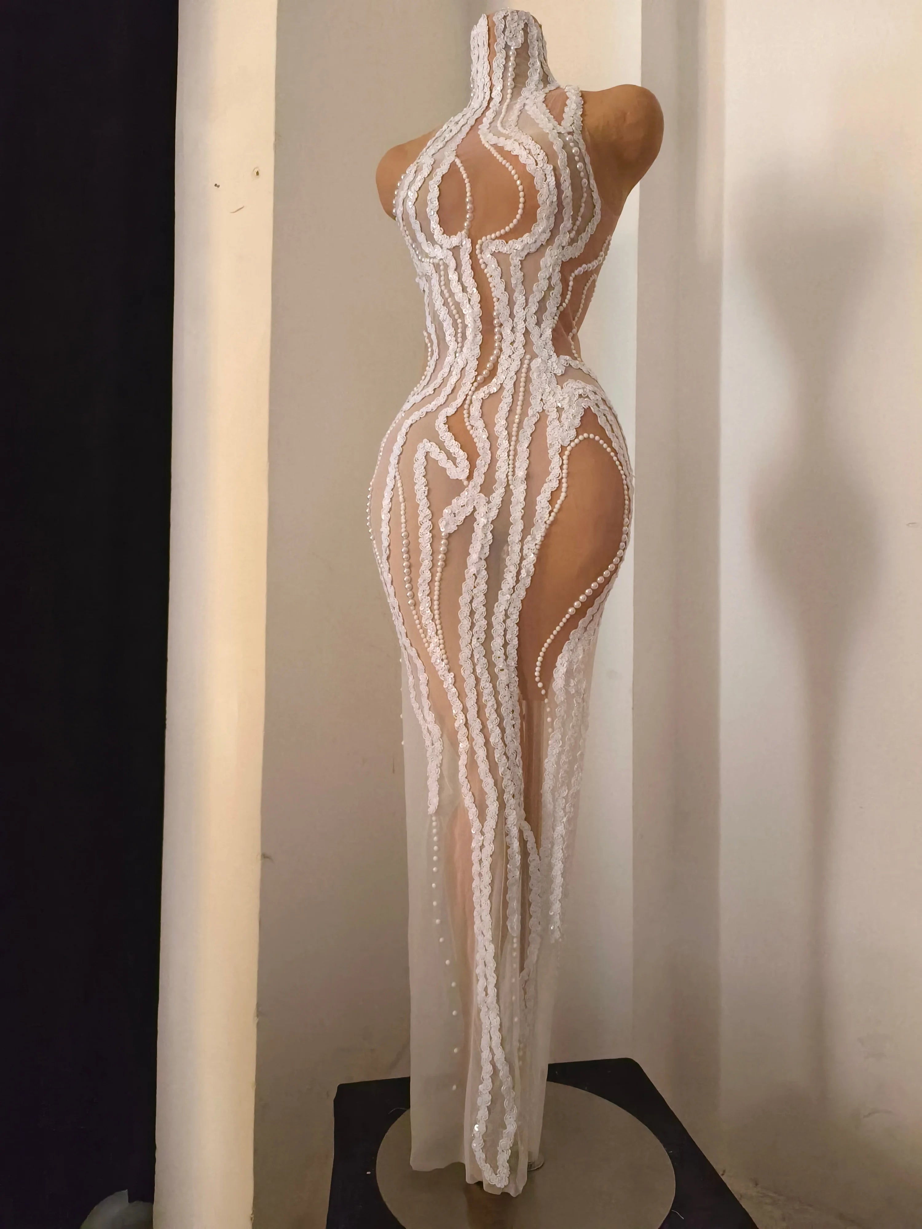 Refined White Sheer Mesh Maxi Dress Women Sexy High Neck Pearl Lace Bodycon Cocktail Nightclub Evening Gala Party Costume