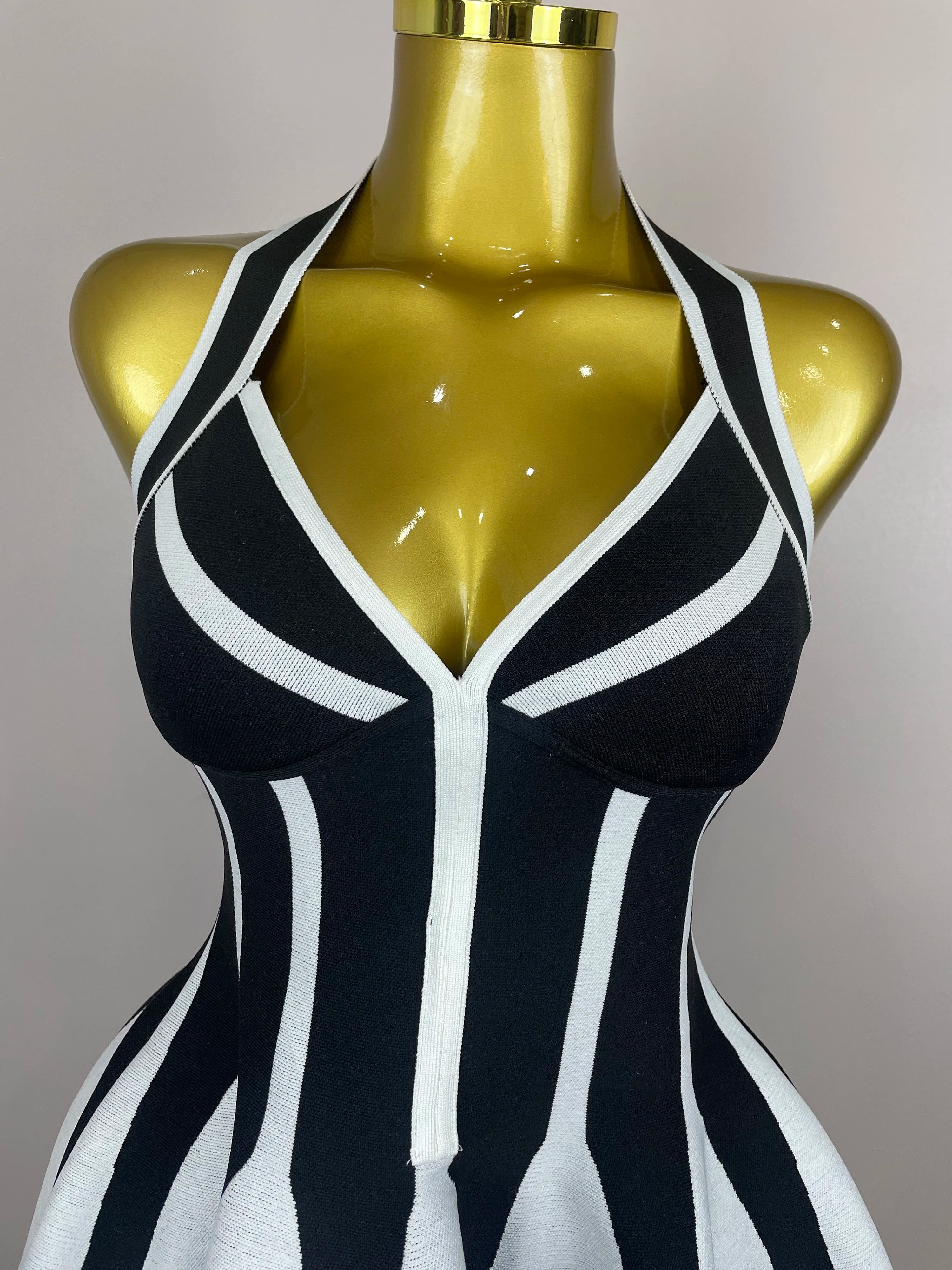 Sexy Backless Black White Stripes Halter Bandage A Line Short Dress 2025Women Celebrity Elegant Evening Party Holiday Club Dress