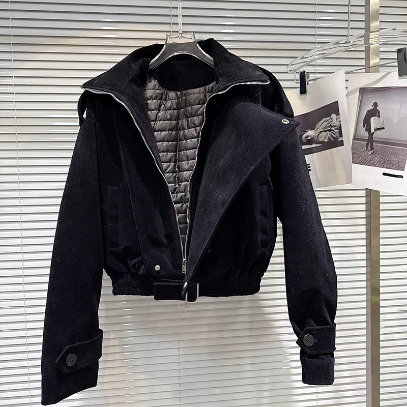 Winter New Fashion Black Zipper Turn-down Collar Fleece Cotton Jacket For Women Streetwear Short Coat Female 11A07598