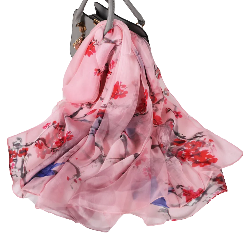 [BYSIFA] White 100% Silk Scarf Cape Fashion Floral Design Long Scarves Women Summer Utralong Beach Shawl Winter Scarves180*110cm Pink peach blossom