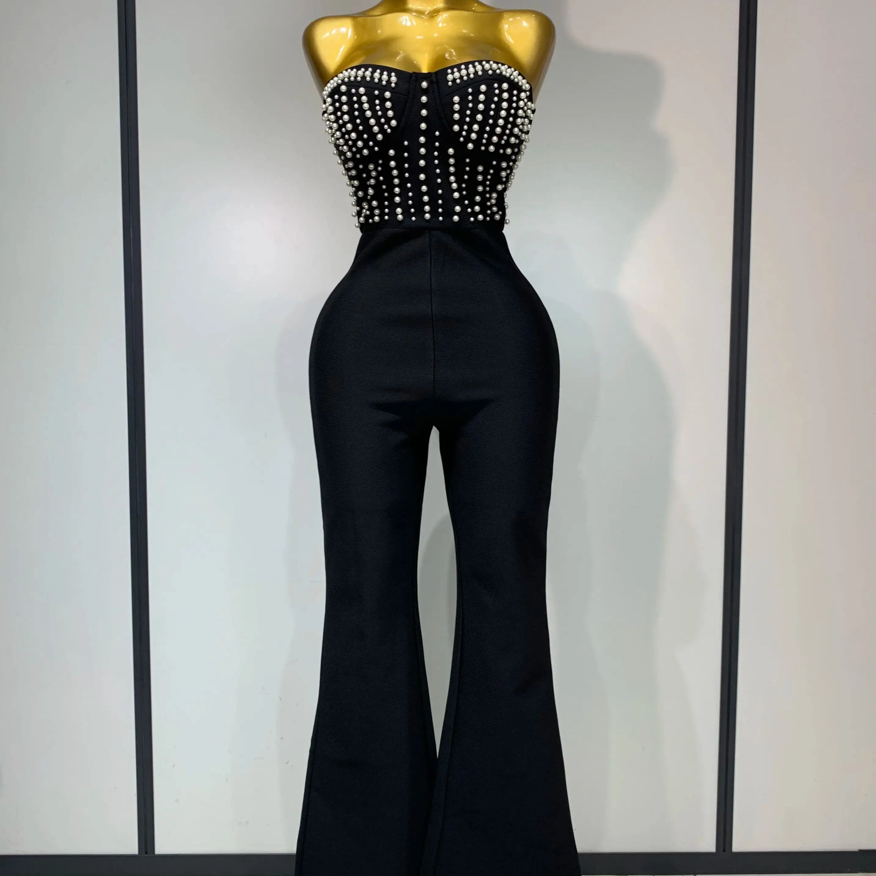 Women Sexy Black Sleeveless Backless Pearls Beaded StraplessBeading Bodycon Bandage Jumpsuit Evening Party Birthday Club Outfit black