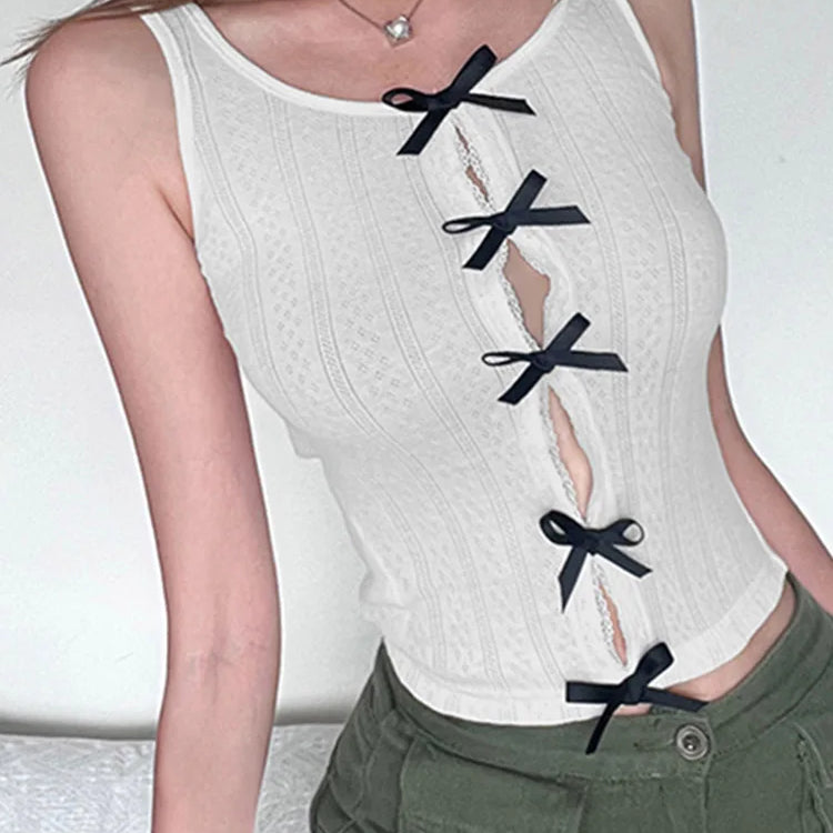 Korean Sweet White Skinny Women Tops Vest Sleeveless Lace Spliced Split Y2K Cute Bow Summer Crop Top Coquette Clothes