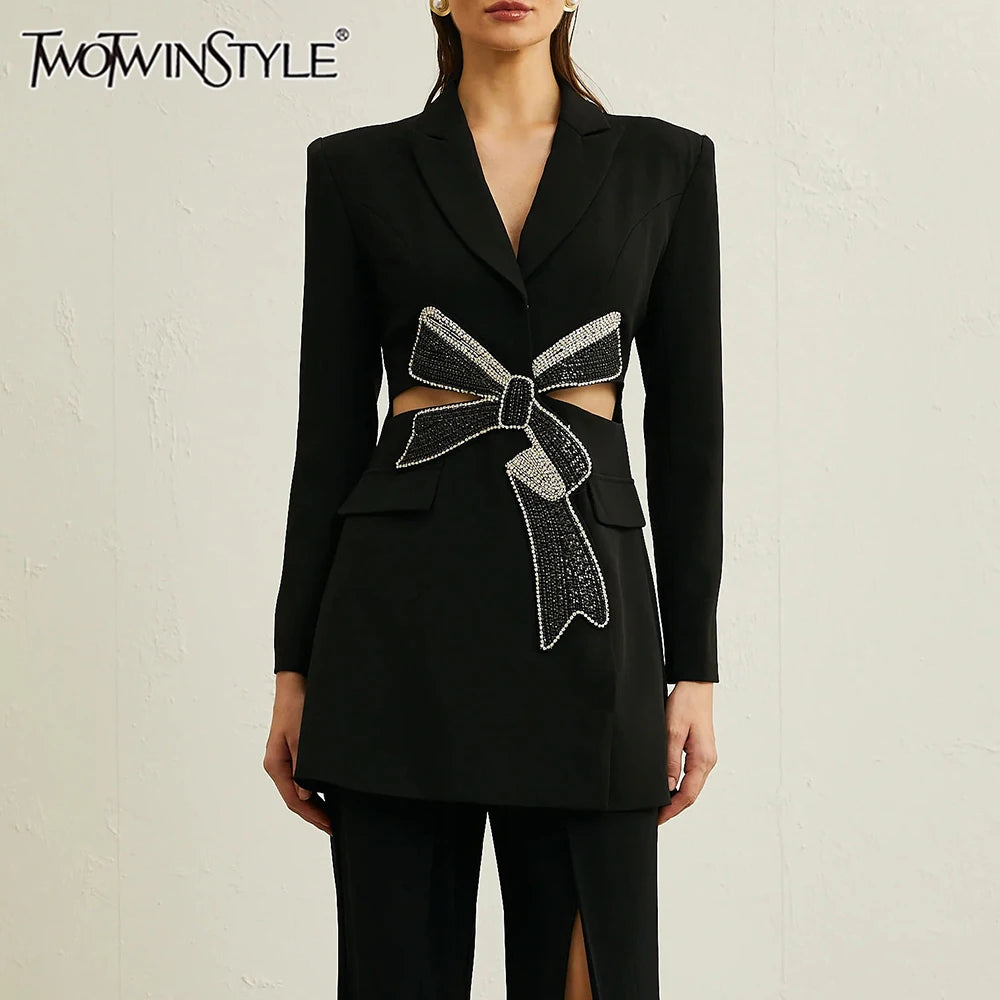 Solid Hollow Out Spliced Bow Fashion Jackets for Women Lapel Long Sleeves Patchwork Button Jacket Female Clothing