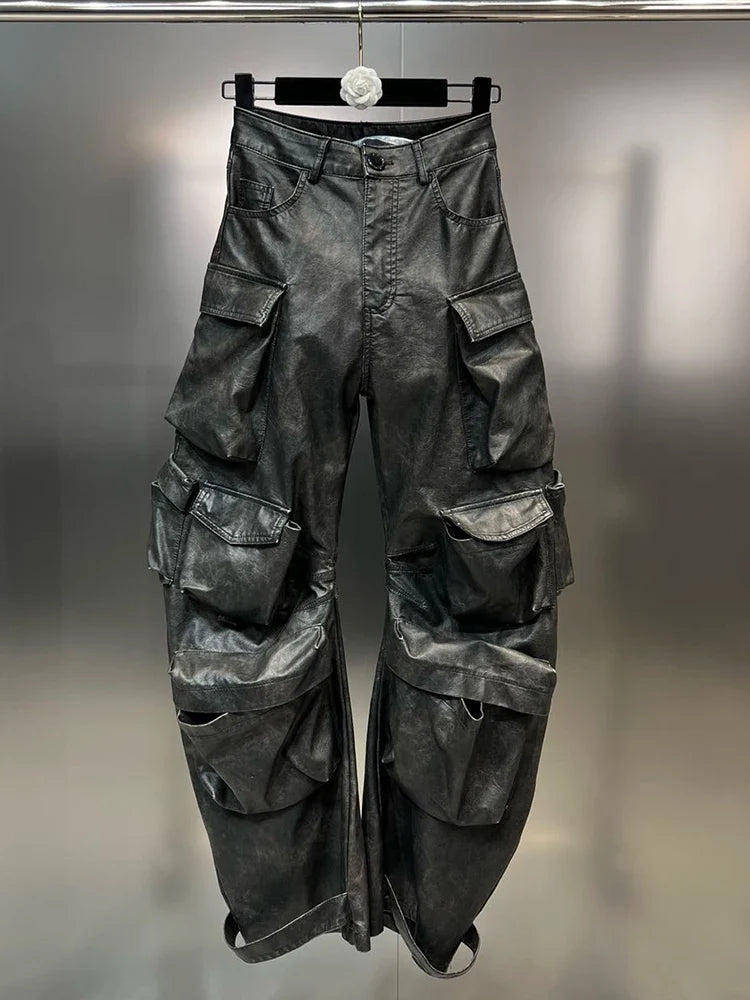 DEAT Multi Pocket Design Vintage PU Leather Pants For Women High Waist Single Button Cargo Trousers Autumn Female 11XX5286