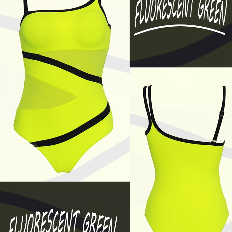 Sexy Mesh One-Piece Swimwear - One Shoulder Swimsuit Bodysuit Beachwear Brazilian Bathing Suits Summer Monokini Fluorescent Green