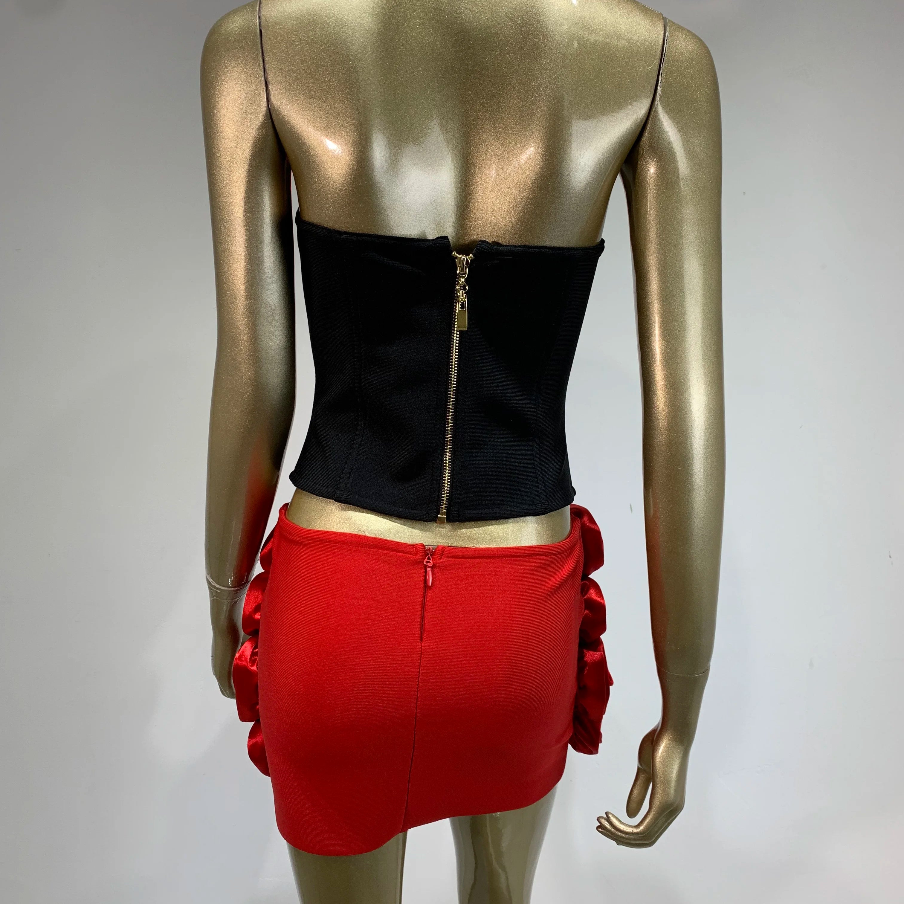 Women Sexy Strapless Zipper Patchwork Red Flower Mini Two Pieces Skirt Bandage Set 2025 Celebrity Designer Fashion Women's Set