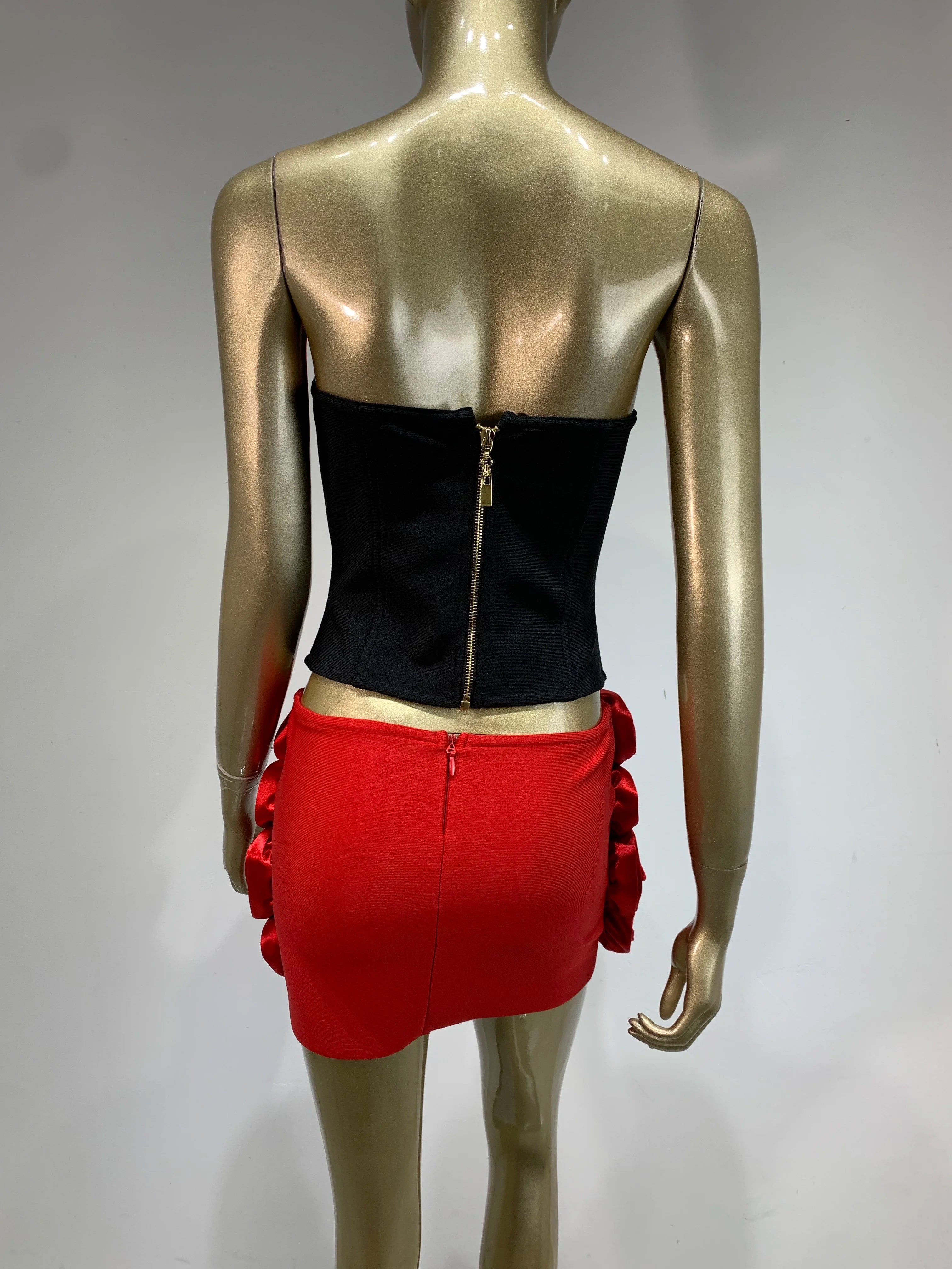 Women Sexy Strapless Zipper Patchwork Red Flower Mini Two Pieces Skirt Bandage Set 2025 Celebrity Designer Fashion Women's Set