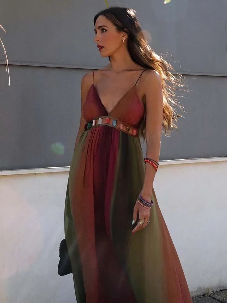 Sexy Backless Slip Long Chiffon Beach Sling Dress For Women Summer Vacation Contrasting V Neck Holiday Beachwear Dresses