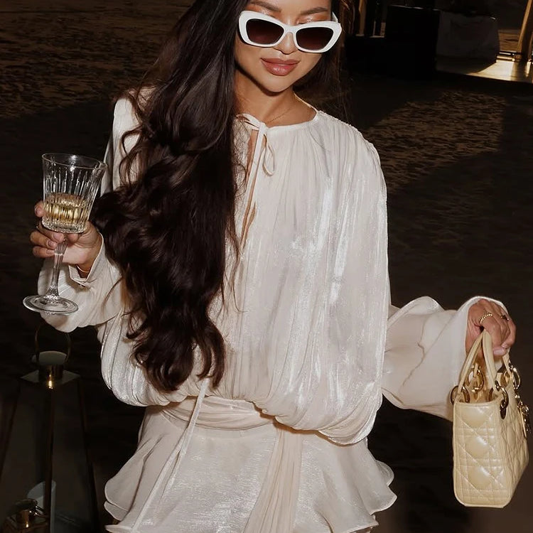 Chic Chiffon Mini Dress with Tie-Neck and Lantern Long Sleeves for a Garden Party Evening Gown