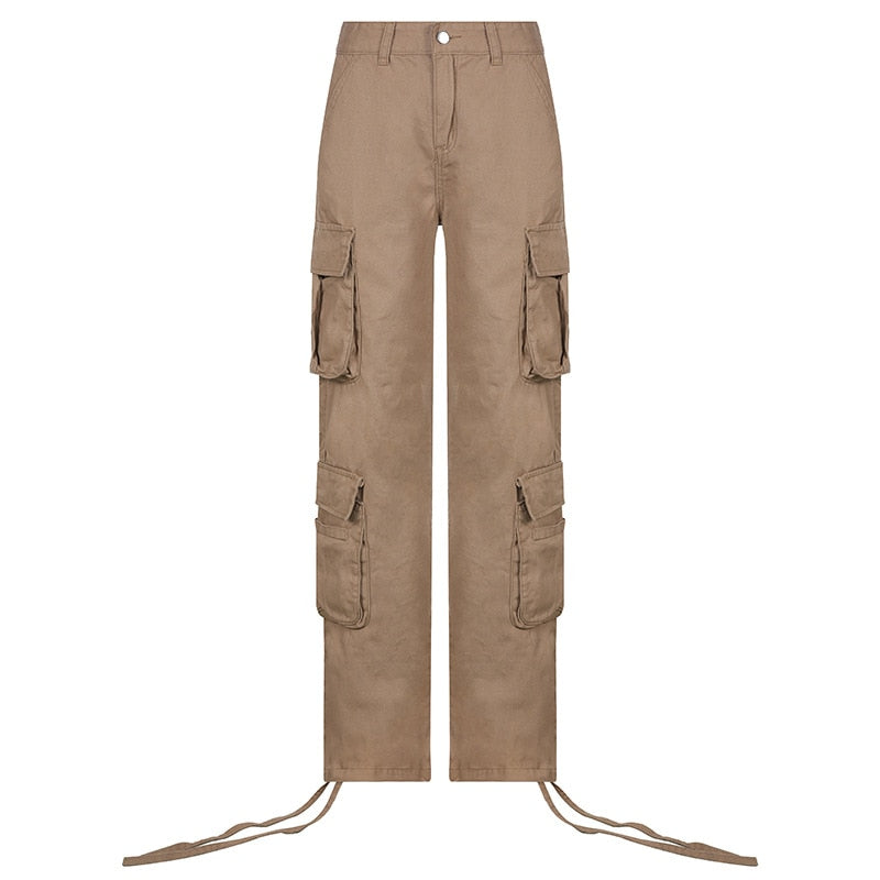 PASSIONNÉ Trousers for Women High Waist Pockets Lace-up Wide Leg Pants Female Vintage Streetwear Style 2024 Fashion New