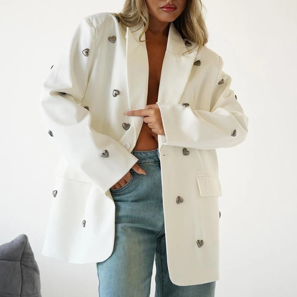 Elegant Spliced Heart Blazers For Women Notched Collar Long Sleeve Patchwork Pockets Chic Blazer Female Fashion New WHITE