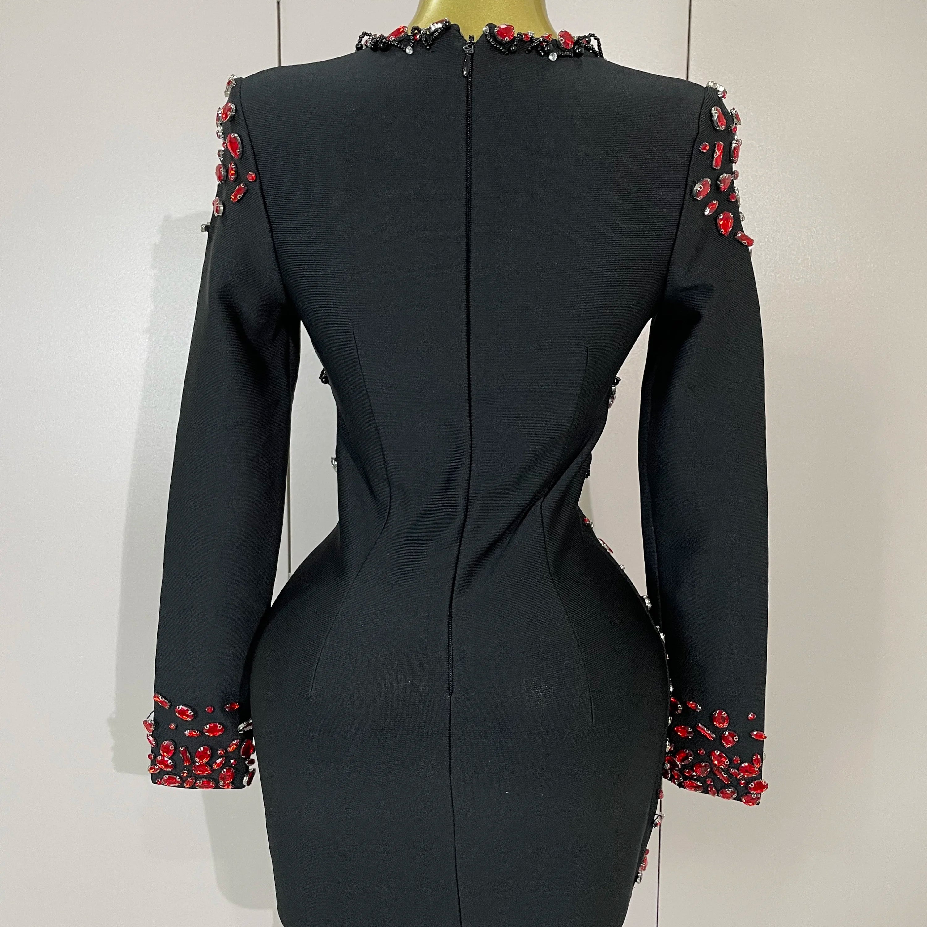 Women Celebrity Sexy Long Sleeve V Neck Rhinestone Black Bandage Dress 2025 Elegant Evening Club Luxury Birthday Party Dresses