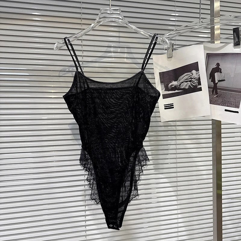 Winter New Fashion Lace Patchwork Slim Fit Backless One-Piece Camisole For Women Versatile Tops Female 11A07465 Black