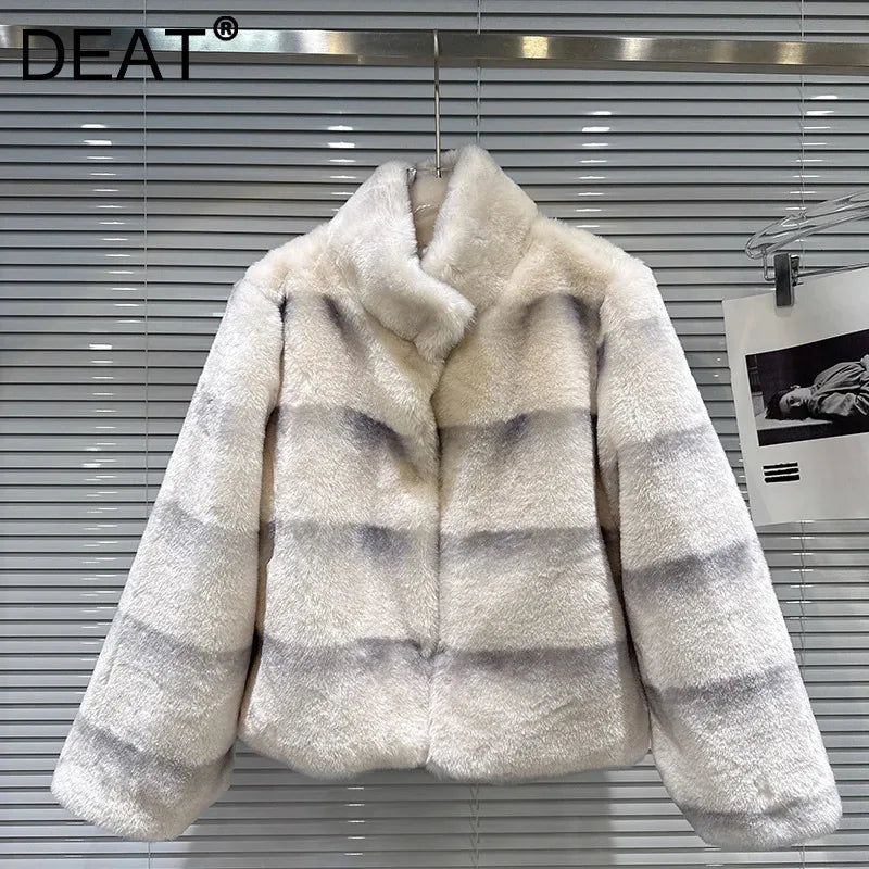 Winter New Elegant Fashion Gradient Striped Furry Warm Faux Fur Coat For Women Loose High Quality Jacket 11A07762
