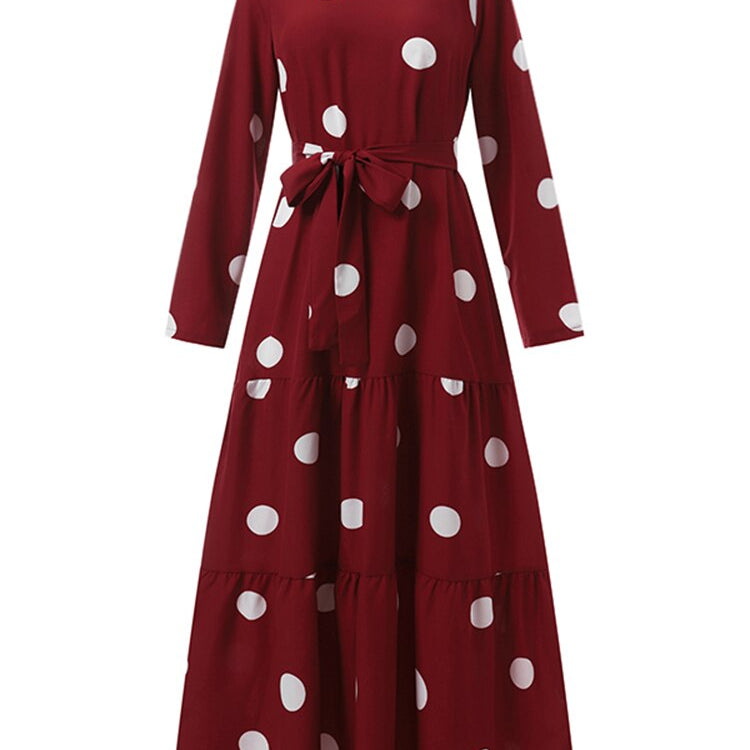 ZANZEA Women Spring Muslim Dress Elegant Casual Loose Abaya Kaftan Sundress Long Sleeved Polka Dots Printed O-Neck Maxi Robe