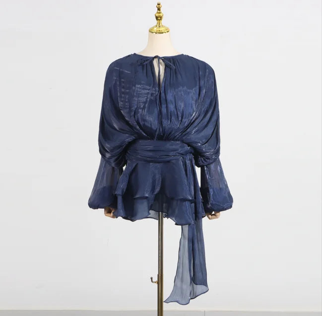 Solid Loose Spliced Lace Up Elegant Dresses for Women Round Neck Long Sleeves Patchwork Folds Dress Female Style NAVY