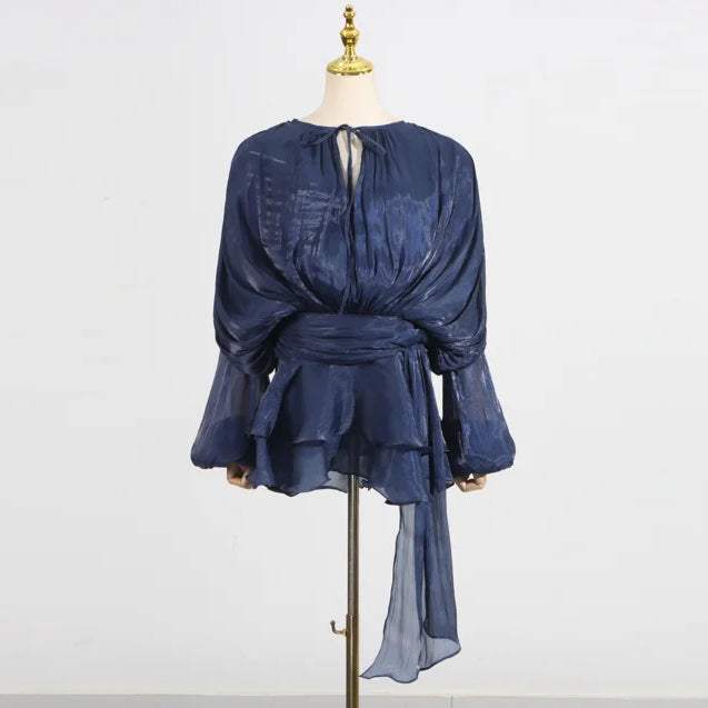 Solid Loose Spliced Folds Elegant Dresses for Women Round Neck Long Sleeves Patchwork Lace Up Tunic Dress Female NAVY