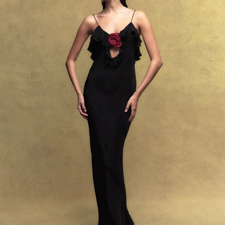 Mozision Rose Polka Dot Maxi Dress For Women Gown Spaghetti Strap Off-shoulder Sleeveless Backless Elegant Evening Club Dress Black