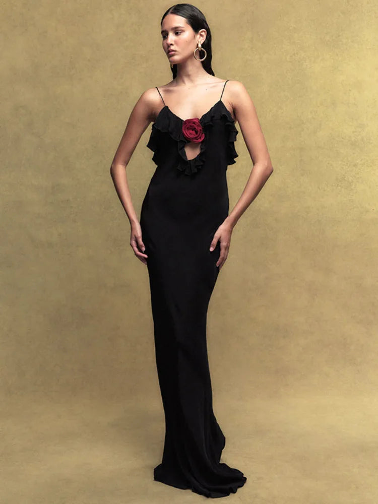 Mozision Rose Polka Dot Maxi Dress For Women Gown Spaghetti Strap Off-shoulder Sleeveless Backless Elegant Evening Club Dress Black