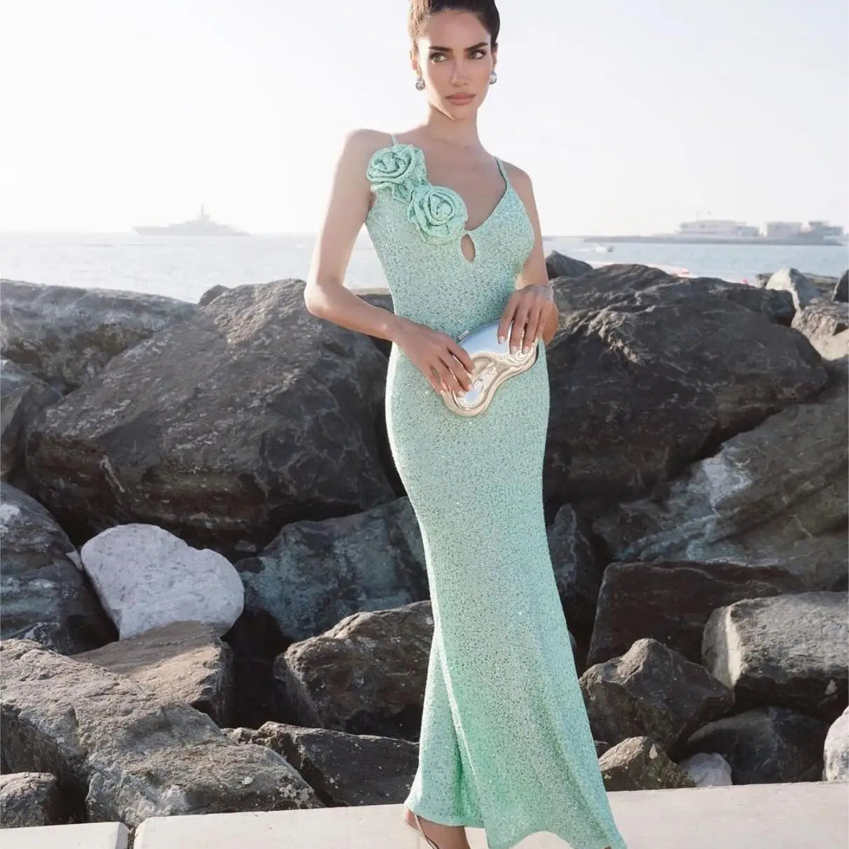 2024 Summer Mint Green Sequins Spaghetti Strap Ankle Length Dress Graceful Woman Evening Party Dress Holiday Vocation Outfit