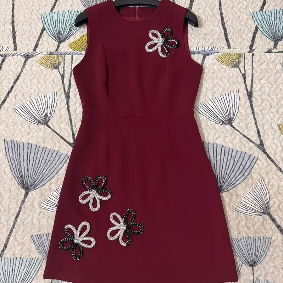 Solid Slimming Elegant Dresses for Women Round Neck Sleeveless Patchwork Bead Fashion Mini Dress Female Clothing