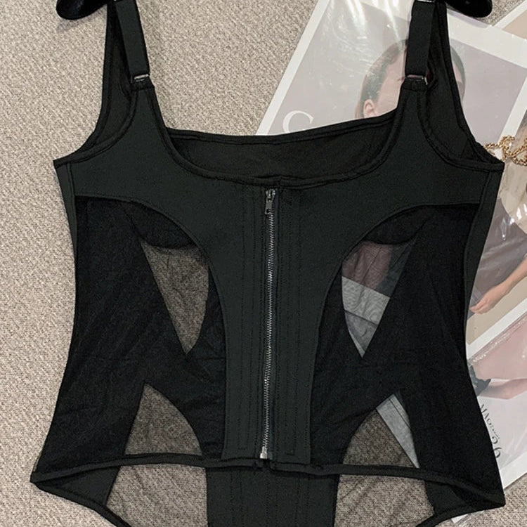 DEAT Summer New Sexy Hollow Out Mesh Patchwork Slim Suspend Women's Backless Black Color Sleeveless Tops Female 11XX3975