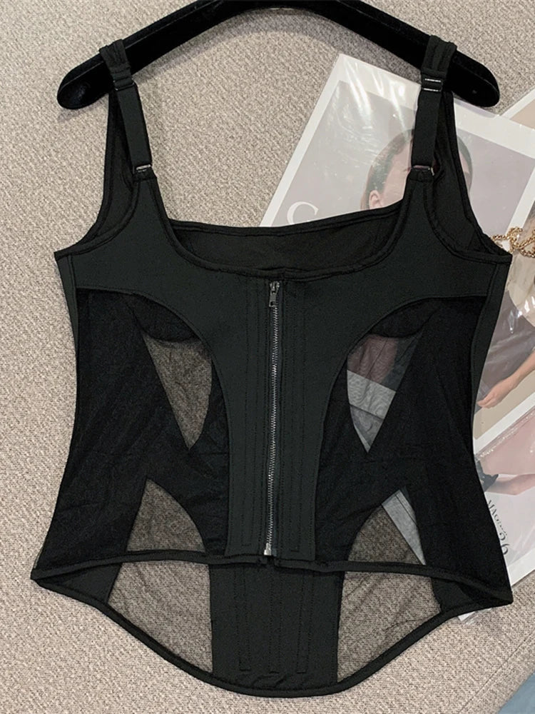 DEAT Summer New Sexy Hollow Out Mesh Patchwork Slim Suspend Women's Backless Black Color Sleeveless Tops Female 11XX3975