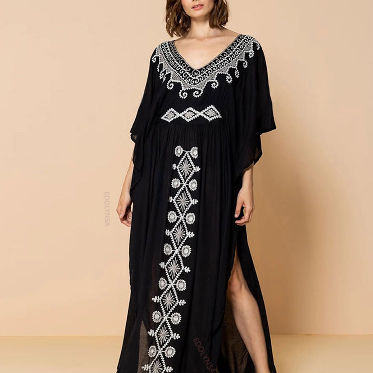 Plus Size Kaftan Tunic Beach Dress Swim Wear Bathing Suit Cover Up 1052-black One Size