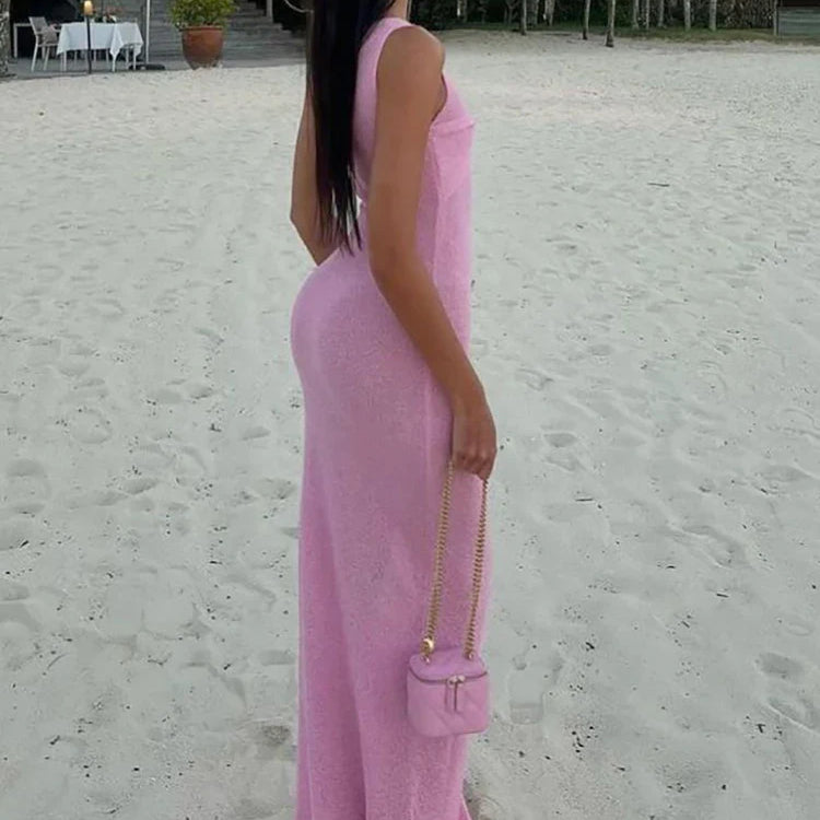 Fantoye Knitted Round Neck Ruched Women Maxi Dress Pink Sleeveless See Through Dress Femme Summer Skinny Elegant Party Beachwear